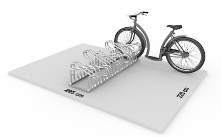 Wizualizacja powierzchni roboczej dla 10 rowerów w stojaku SR-10.505DW. Widok z perspektywy bocznej.