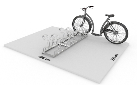 Wizualizacja powierzchni roboczej dla 10 rowerów w stojaku SR-10.303DW. Widok z perspektywy bocznej.