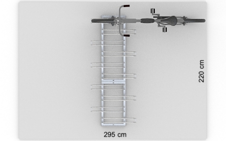 Wizualizacja powierzchni roboczej dla 10 rowerów w stojaku SR-10.303DW. Widok z perspektywy górnej.
