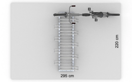 Wizualizacja powierzchni roboczej dla 10 rowerów w stojaku SR-10.505DW. Widok z perspektywy górnej.
