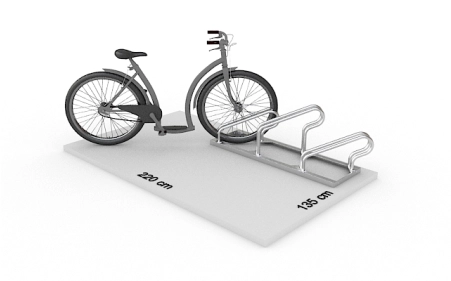 Wizualizacja powierzchni roboczej dla 3 rowerów w stojaku SR-3.505UP. Widok z perspektywy bocznej.