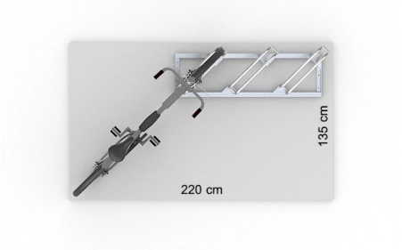 Wizualizacja powierzchni roboczej dla 3 rowerów w stojaku SR-3.505UP. Widok z perspektywy górnej.