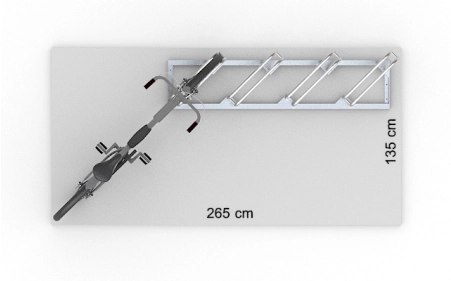 Wizualizacja powierzchni roboczej dla 4 rowerów w stojaku SR-4.505UP. Widok z perspektywy górnej.