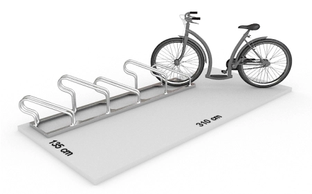 Wizualizacja powierzchni roboczej dla 5 rowerów w stojaku SR-5.505UL. Widok z perspektywy bocznej.