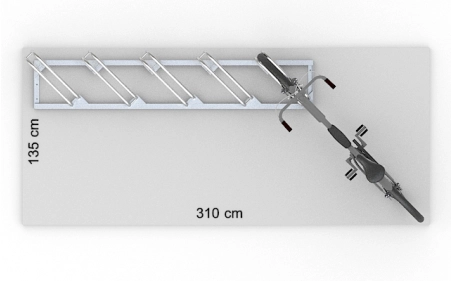 Wizualizacja powierzchni roboczej dla 5 rowerów w stojaku SR-5.505UL. Widok z perspektywy górnej.