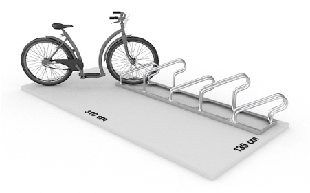 Wizualizacja powierzchni roboczej dla 5 rowerów w stojaku SR-5.505UP. Widok z perspektywy bocznej.