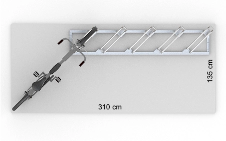 Wizualizacja powierzchni roboczej dla 5 rowerów w stojaku SR-5.505UP. Widok z perspektywy górnej.