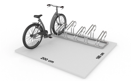 Wizualizacja powierzchni roboczej dla 5 rowerów w stojaku SR-5.505. Widok z perspektywy bocznej.