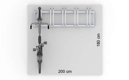 Wizualizacja powierzchni roboczej dla 5 rowerów w stojaku SR-5.505. Widok z perspektywy górnej.