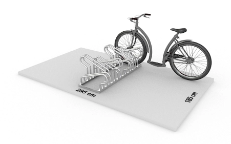 Wizualizacja powierzchni roboczej dla 8 rowerów w stojaku SR-8.505DW. Widok z perspektywy bocznej.