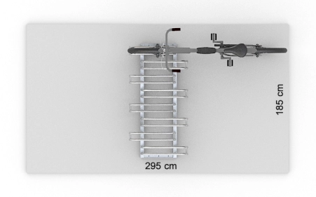 Wizualizacja powierzchni roboczej dla 8 rowerów w stojaku SR-8.505DW. Widok z perspektywy górnej.