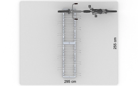 Wizualizacja powierzchni roboczej dla 12 rowerów w stojaku SR-12.303DW. Widok z perspektywy górnej.