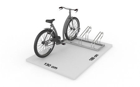 Wizualizacja powierzchni roboczej dla 3 rowerów w stojaku SR-3.303. Widok z perspektywy bocznej.