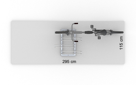 Wizualizacja powierzchni roboczej dla 4 rowerów w stojaku SR-4.303DW. Widok z perspektywy górnej.
