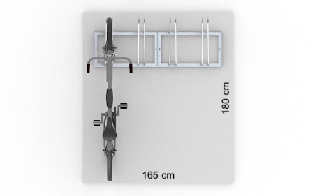 Wizualizacja powierzchni roboczej dla 4 rowerów w stojaku SR-4.303. Widok z perspektywy górnej.