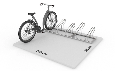 Wizualizacja powierzchni roboczej dla 5 rowerów w stojaku SR-5.303. Widok z perspektywy bocznej.