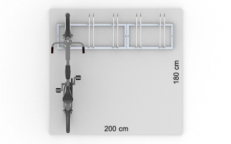 Wizualizacja powierzchni roboczej dla 5 rowerów w stojaku SR-5.303. Widok z perspektywy górnej.