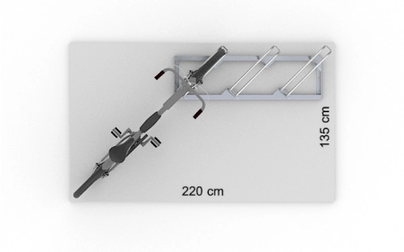 Wizualizacja powierzchni roboczej dla 3 rowerów w stojaku SR-3.909UP. Widok z perspektywy górnej.