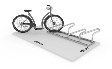 Wizualizacja powierzchni roboczej dla 4 rowerów w stojaku SR-4.909UP. Widok z perspektywy bocznej.