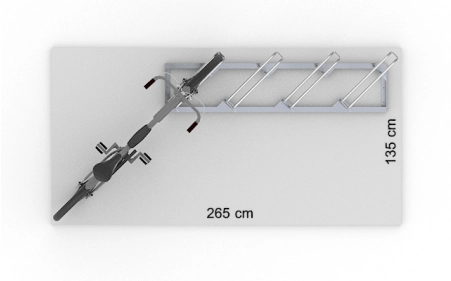 Wizualizacja powierzchni roboczej dla 4 rowerów w stojaku SR-4.909UP. Widok z perspektywy górnej.