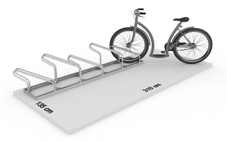 Wizualizacja powierzchni roboczej dla 5 rowerów w stojaku SR-5.909UL. Widok z perspektywy bocznej.