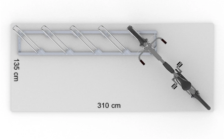 Wizualizacja powierzchni roboczej dla 5 rowerów w stojaku SR-5.909UL. Widok z perspektywy górnej.