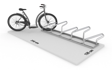Wizualizacja powierzchni roboczej dla 5 rowerów w stojaku SR-5.909UP. Widok z perspektywy bocznej.