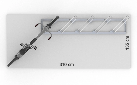 Wizualizacja powierzchni roboczej dla 5 rowerów w stojaku SR-5.909UP. Widok z perspektywy górnej.