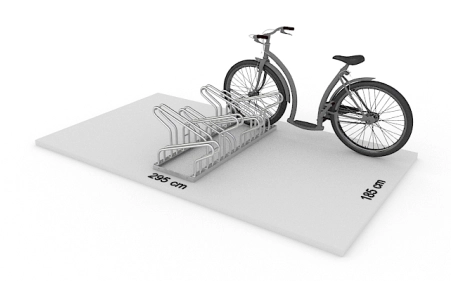 Wizualizacja powierzchni roboczej dla 8 rowerów w stojaku SR-8.909DW. Widok z perspektywy bocznej.