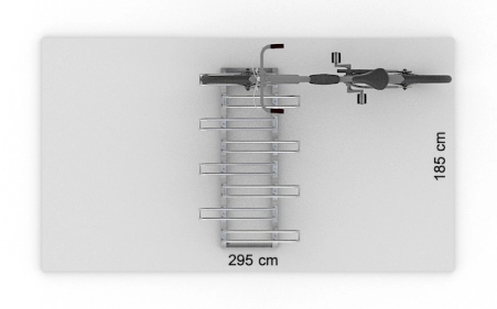 Wizualizacja powierzchni roboczej dla 8 rowerów w stojaku SR-8.909DW. Widok z perspektywy górnej.