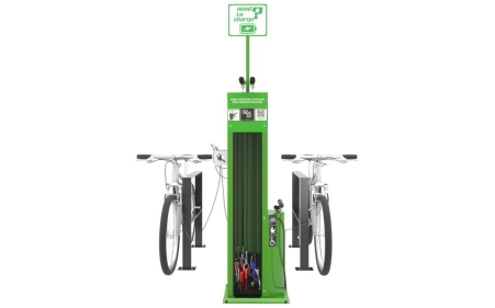 Stacja ładowania i naprawy rowerów SŁNR-1.1.07, 4 gniazda Schuko 250V, stal nierdzewna AISI 304 malowana proszkowo RAL