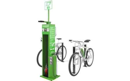 Stacja ładowania i naprawy rowerów SŁNR-1.1.07, 4 gniazda Schuko 250V, stal nierdzewna AISI 304 malowana proszkowo RAL