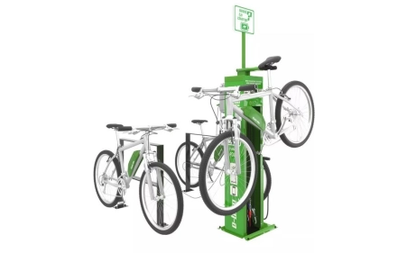 Stacja ładowania i naprawy rowerów SŁNR-1.1.07, 4 gniazda Schuko 250V, stal nierdzewna AISI 304 malowana proszkowo RAL